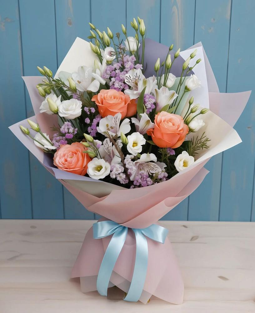 Букет цветов из: Лизиантусы, Розы, Альстромерии и Гипсофила в Александрове